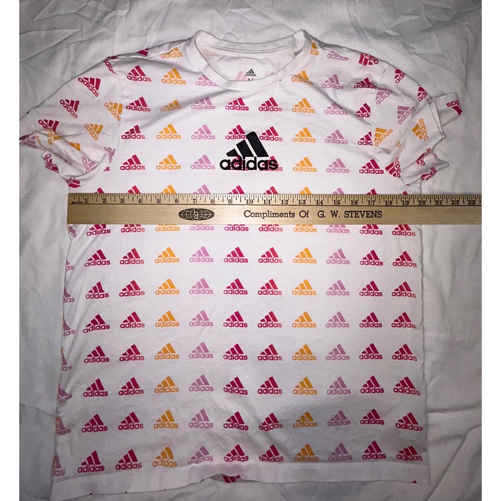 Adidas Pink All Over Print Logo Tee Athletic Activewear Top‎ White Medium - Picture 3 of 6